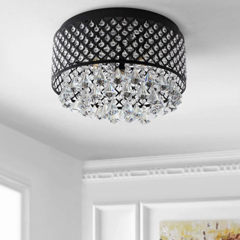 Three Light LED Flush Mount Ceiling Light With Dimmable Metal Trellis And Crystal Drops Modern Glam Chandelier, black finish