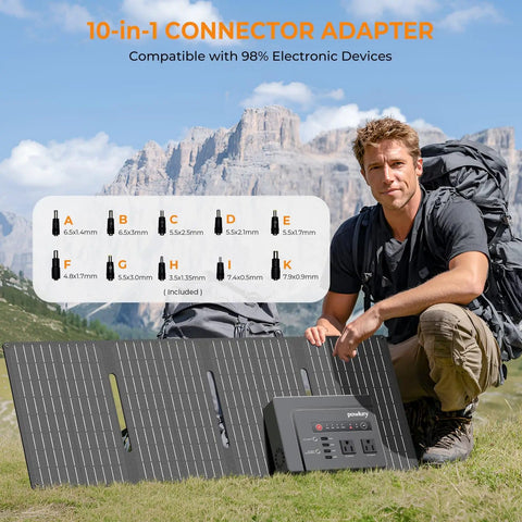 Outdoor camping setup with Solar Powered Generator 200W Portable Power Station With 40W Solar Panel 146Wh Battery and connectors