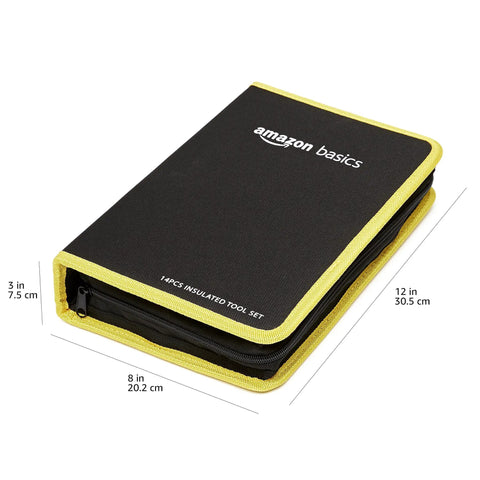 Black and yellow carrying case for Pro Grade Insulated 1000V VDE Electrician Tool Set With Pliers And Screwdrivers Voltage Tester.