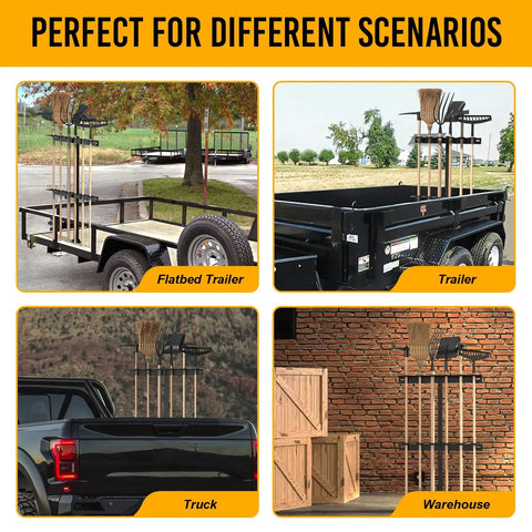 Beefy Trailer Tool Rack Shovel Holder With Six Tool Holes And Rubber Grommets Heavy Duty Steel Mount For Trailer Storage on different vehicles