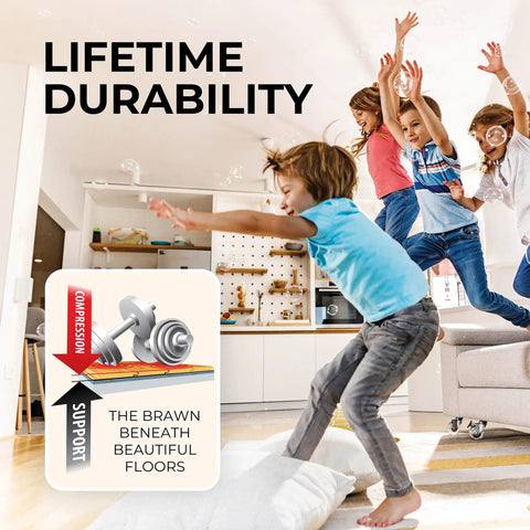 Children jumping indoors highlighting Heavy Density Sound Dampening Underlayment Roll For Luxury Vinyl Plank Flooring.