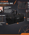 Infographic of Beefy Heavy Duty Cargo Duffel Bag 275L Road Trip Ready Roof Rack Gear Tote showing fabric, handles, zipper