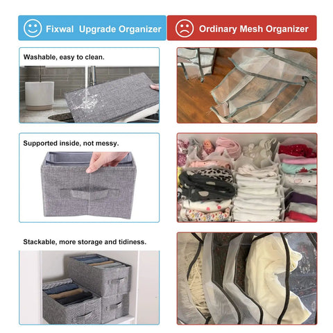 Comparison of Fixwal upgrade organizer and ordinary mesh organizer showing features, storage, and tidiness benefits.