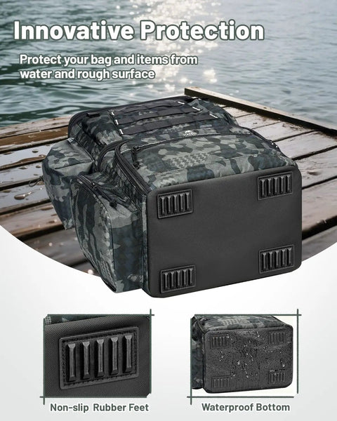 Fishing Backpack With 4 Tackle Boxes, Rod Holder, Insulated Cooler Compartment, Water Resistant Gear Bag For Anglers on dock