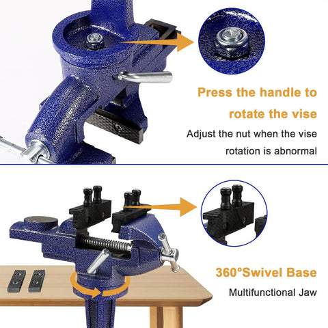 Heavy Duty Tough As Nails Three Inch Bench Vise Featuring A Rock Solid 360 Degree Rotating Base And Sure Grip Jaws for angle adjustments.