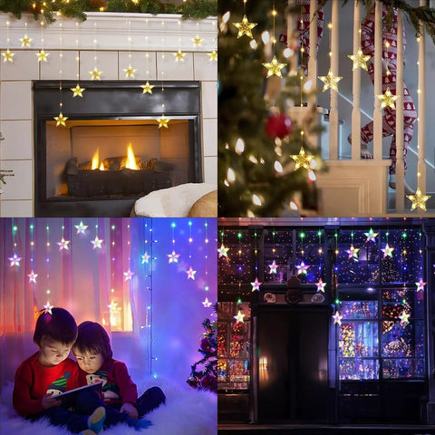 Color Changing Star Window Christmas Lights With 9 Star Curtain Ornaments Multicolor And Warm White Battery Operated With Timer 8 Modes IP65 Waterproof Xmas Window Decor For Indoor And Outdoor Use
