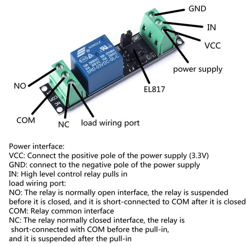 1 Channel Optocoupler Relay Module 3V/3.3V High Level Driver Isolated Drive Board For Arduino With Songle Relay 10A 250VAC 10A 30VDC Load Pack Of 5 Perfect For Prototyping Home Automation Robotics And Industrial Education, showing power interface connections and relay module details.