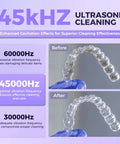 Ultrasonic Retainer Cleaner With 45kHz Power And Four UV Lights, showing before and after image of a retainer cleaning process