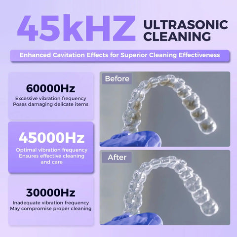 Ultrasonic Retainer Cleaner With 45kHz Power And Four UV Lights, showing before and after image of a retainer cleaning process