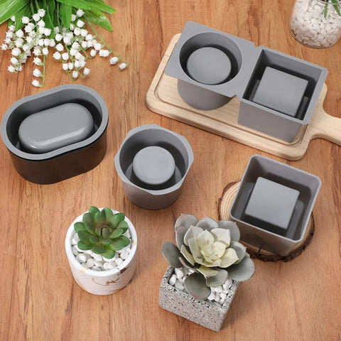 3 Pack Concrete Molds For Planters, Silicone Mold Set For Cement Pots, DIY Succulent Pots displayed with finished planters