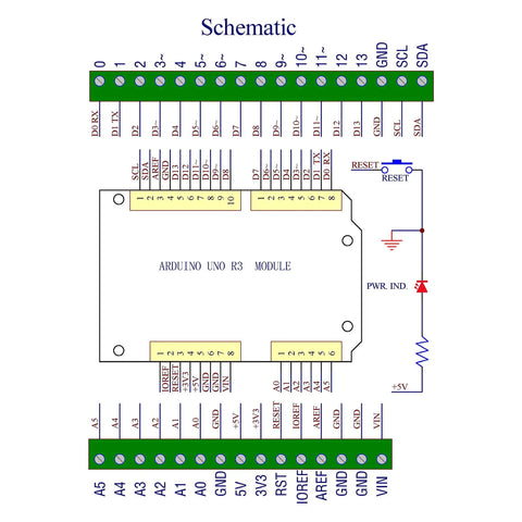 Schematic of Din Rail Mount Pinout Breakout Terminal Block Module For UNO R3 Builds With 3.81mm Pitch Screw Terminal 26-16AWG Wire Range 5mm Strip M2 Slotted Screw For Easy Industrial Control Wiring