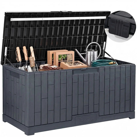 Extra Large 120 Gallon Outdoor Storage Deck Box With No Sweat Hydraulic Lift Lid holding garden tools and accessories.