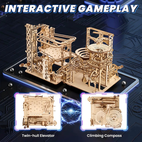 3D Wooden Marble Run Puzzle Kit For Adults, Mechanical Wood Roller Coaster Model, Brain Teaser Build, 330 Pieces, DIY Hobby Gift, Christmas Craft Kit, Home Decor Gift For Puzzle Lovers; twin-hull elevator