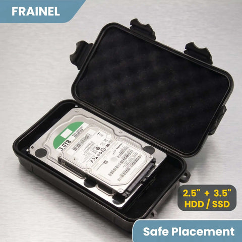 Beefy Rugged Storage Shell With Dense Foam Core Built To Lock Down 3.5 Hard Drives And Portable Ssds Plus Nvme Chips, open case with a 3.5" HDD inside.