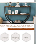 Built Different Industrial Half Circle Console Table For Entryway Heavy Duty Steel Frame Rustic Wood Two Tier Hallway Sofa Table With Smart Organized Storage Shelves Brown against a blue wall showcasing decor.