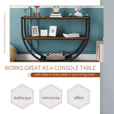 Built Different Industrial Half Circle Console Table For Entryway Heavy Duty Steel Frame Rustic Wood Two Tier Hallway Sofa Table With Smart Organized Storage Shelves Brown against a blue wall showcasing decor.