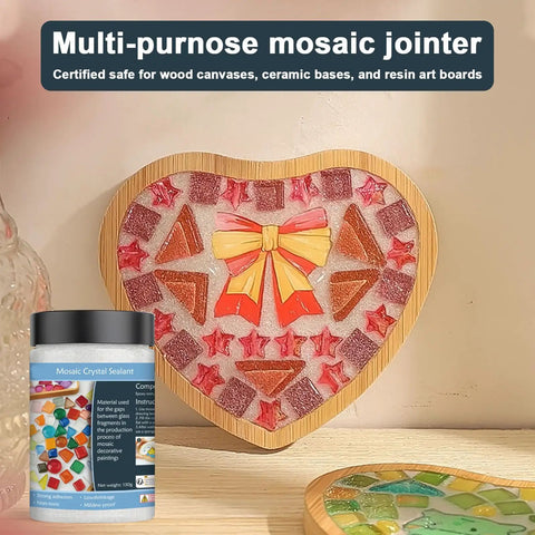 Heart-shaped mosaic art with tile pieces and grout jar labeled 'White Quick Dry Crystal Tile Grout Ready To Use Caulking Agent No Water Mixing Ultra Fast Dry For Glass Art Projects DIY Tile Craft Kit Supplies And Handmade Gifts No Mess Cleanup.'