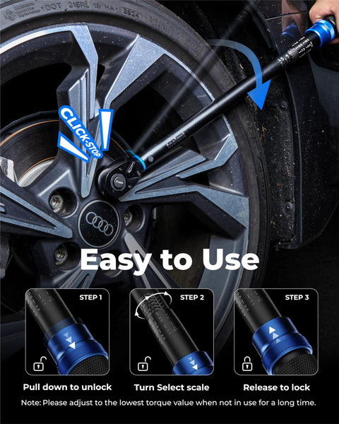 13 Piece One Half Inch Torque Wrench Set With 25 To 250 Ft-Lb Range And Plus Minus Three Percent Accuracy All In One Tire Repair Kit Including Click Torque Wrench Breaker Bar Five Inch Extension And Ten Deep Sockets, used on car wheel