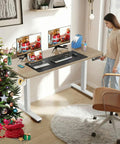 Upgraded 55 Inch Oak Gray Electric Standing Desk With Memory Settings, large mouse pad, ergonomic home office setup.