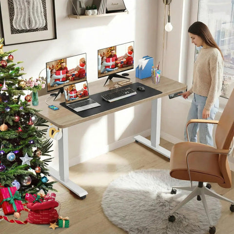Upgraded 55 Inch Oak Gray Electric Standing Desk With Memory Settings, large mouse pad, ergonomic home office setup.