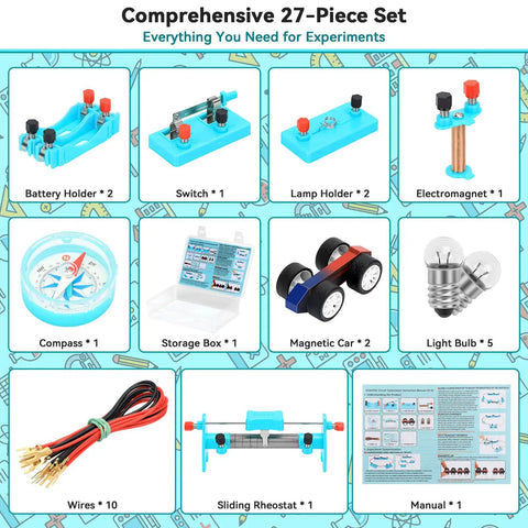 Hands-On Electricity And Magnetism Lab Kit For Kids Ages 8 To 16, 27-Piece Circuit Learning Set With Electromagnets, Switches, and More