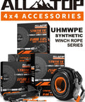 Heavy Duty 9/16 Inch 76 Foot Synthetic Winch Rope Kit packaging and components display