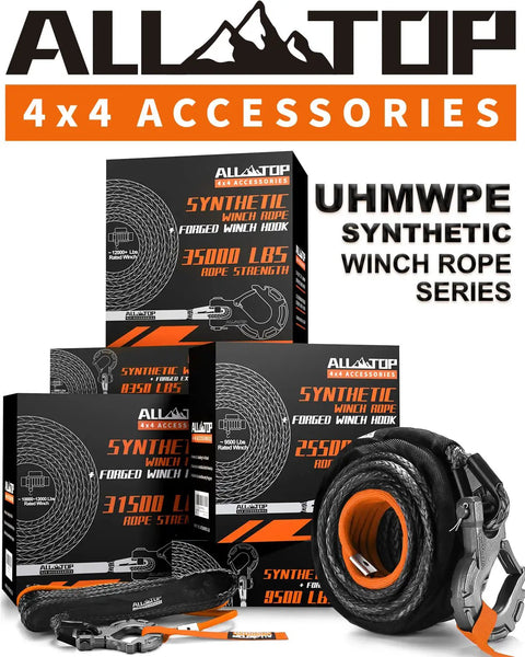 Heavy Duty 9/16 Inch 76 Foot Synthetic Winch Rope Kit packaging and components display