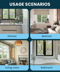 Usage scenarios for 4 Pack Window Security Bars, Adjustable From 11 To 18 Inches in kitchen, bedroom, living room, and bathroom windows.