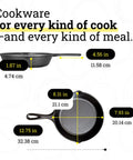 Image showing dimensions of a skillet from a 5 Piece Cast Iron Cookware Set With Skillets Griddle And Dutch Oven Preseasoned PFAS Free
