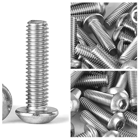 Top Shelf Heavy Duty 10-32 By 1.5 Inch Button Head Socket Cap Screws Forged From Premium 304 Stainless Steel With Crisp Allen Hex Drive Stay Locked In During Rough Job Site Work 50 Count, showcasing individual and grouped screws.