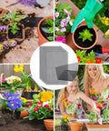 Collage of 10 Pack Flower Pot Hole Mesh Pads for Superior Drainage 11.8 By 7.8 Inch Bonsai Plant Screen Mesh with gardening scenes.