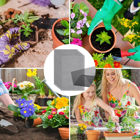 Collage of 10 Pack Flower Pot Hole Mesh Pads for Superior Drainage 11.8 By 7.8 Inch Bonsai Plant Screen Mesh with gardening scenes.