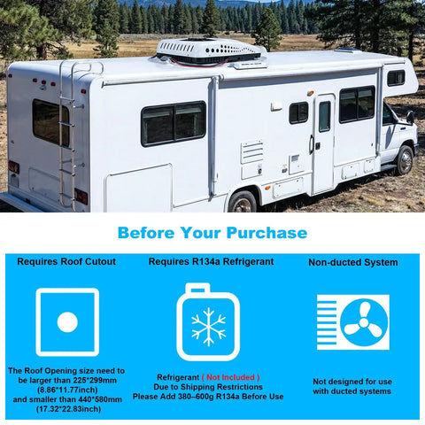White RV with 12V RV Rooftop Air Conditioner With 15000 BTU Heating And Cooling Brushless Compressors Ultra Quiet DC Powered AC installed