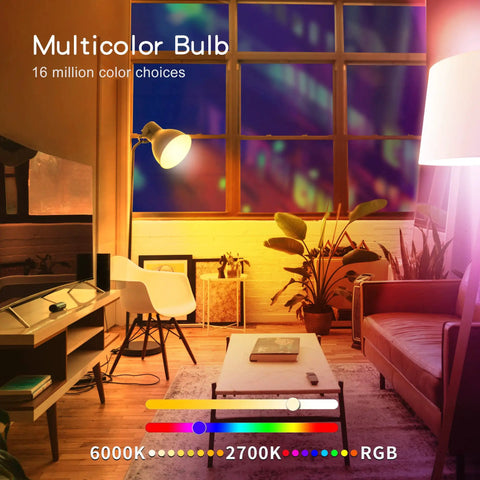 Living room with multicolor bulb, showing RGB color range, part of Six Pack Smart LED Light Bulbs That Work With Alexa And Google Home, Tuya Smart App Control, RGB Color Changing, Music Sync, A19 E26 Base, 9W 60W Equivalent, 800 Lumens, 2700K-6500K, 2.4GHz WiFi Only.