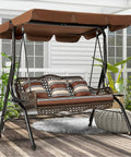 Three Seat Outdoor Patio Swing Chair With Large Convertible Canopy Porch Glider Hammock Lounge Chair For Porch Rattan Wicker Steel Frame Cushions And Pillows Brown on deck