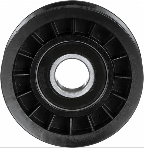 Front view of Gates 38008 DriveAlign belt drive idler pulley, black plastic with metal center bore