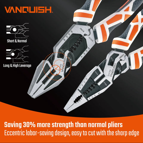 Heavy Duty 2 Piece Pliers Set With Linesman And Long Nose Pliers 8 Inch Multitool showcasing leverage and cutting features