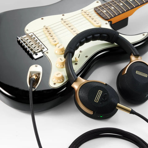 Dope Tone Wired Smart Guitar Headphone Amp with Custom Audio Drivers shown connected to an electric guitar with cable.