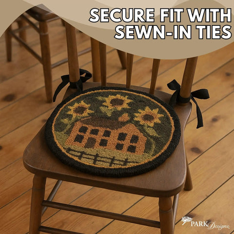 Round Chair Pad Featuring House And Sunflowers Folk Art Design Totally Sweet Seat Cushion with sewn-in ties on a wooden chair.