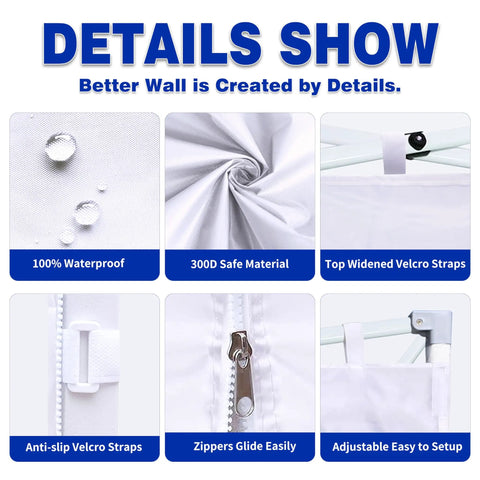 SunWalls Sidewalls For 10x10 Canopy Frame detail; 100% waterproof 300D polyester, Velcro straps, zippers, and frame attachment.