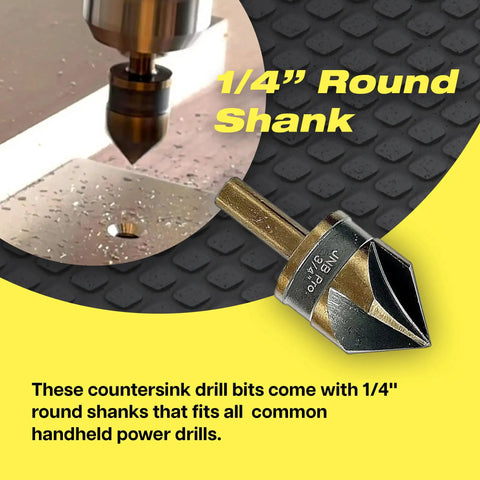 Pro Grade Heavy Duty Countersink Bit Set For Steel With Five Flute 82 Degree M35 Cobalt HSS For Clean Countersinks In Metalwork Inch Sizes One Quarter To Three Quarters One Quarter Inch Shank Ideal For Stationary Or Hand Drills showing 1/4 inch round shank.