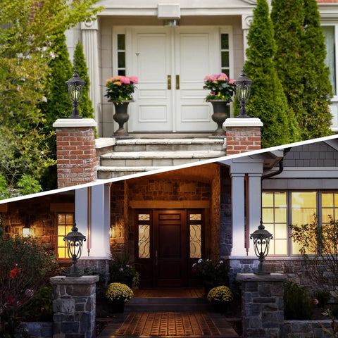 Front steps with Vintage Outdoor Post Light With Pier Mount 24 Inch High Yard Lanterns in Antique Bronze for garden decor