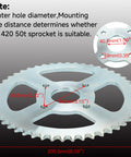 Dimensions of Beefy 420 Chain Sprocket For Mini Bikes And Go Karts, 50 Tooth, 40mm Bore with mount hole sizes and distances.