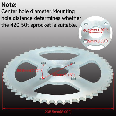 Dimensions of Beefy 420 Chain Sprocket For Mini Bikes And Go Karts, 50 Tooth, 40mm Bore with mount hole sizes and distances.