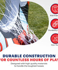 Detail view showing features of 65 Inch Inflatable Football Target Net Toss Game With Double Sided Practice Target And Mini Balls Perfect For Backyard Tailgate Party Sports Toy For Kids And Adults Red Blue