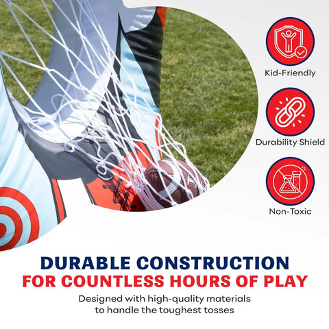 Detail view showing features of 65 Inch Inflatable Football Target Net Toss Game With Double Sided Practice Target And Mini Balls Perfect For Backyard Tailgate Party Sports Toy For Kids And Adults Red Blue