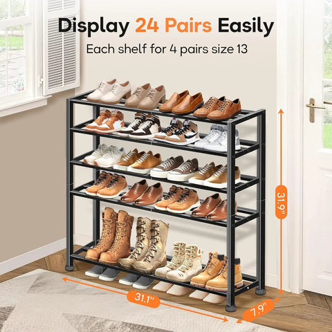 Heavy Duty 5 Tier Metal Shoe Rack Organizer For Garage And Entryway, stackable shoe storage with multiple tiers set up in room.