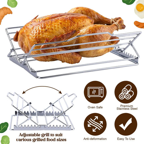 Two Piece Adjustable Roasting Racks Set For Turkey And Chicken Stainless Steel V Shaped Stand For Smoker Grill And Oven with roasted chicken