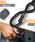 Close-up of Heavy Duty Ratchet Strap Set 2300 Lb Break Strength 4 Pack 15 Feet By 1 Inch Wide with safety clip hooks in use.