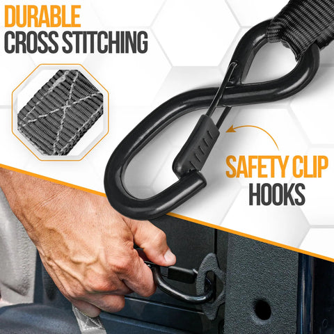 Close-up of Heavy Duty Ratchet Strap Set 2300 Lb Break Strength 4 Pack 15 Feet By 1 Inch Wide with safety clip hooks in use.